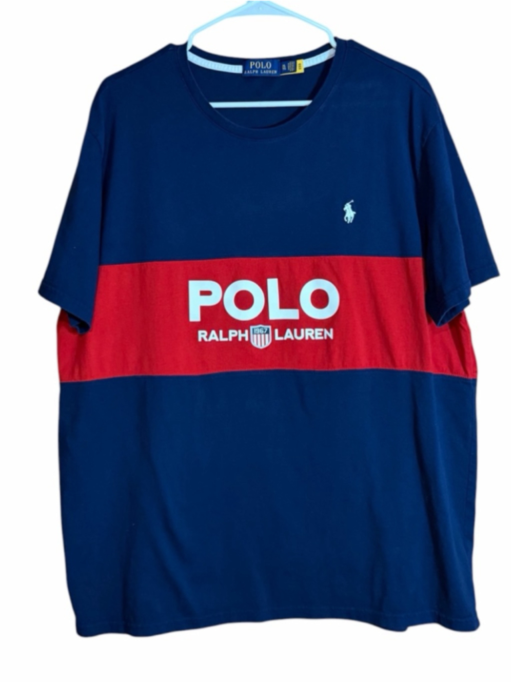 Polo Ralph Lauren red and blue cotton color block logo Tshirt men’s XL